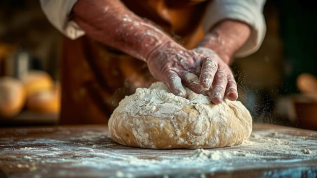 A person kneading bread on a wooden table with flour