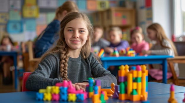 A girl sitting at a table with colorful blocks and other toys