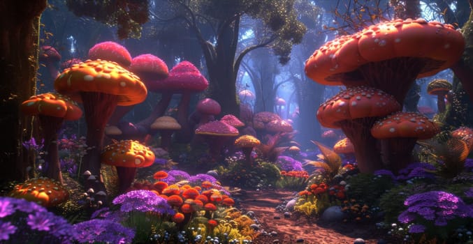 A forest filled with mushrooms and flowers in a fantasy world
