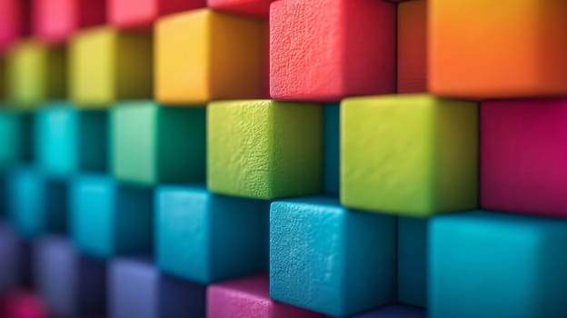 A close up of a colorful wall made out of many different colored blocks