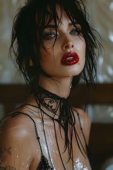 A closeup of a woman with red lipstick and a choker accentuating her neck and chest. Her eyelashes flutter as she gestures with confidence, resembling a fictional character at a glamorous event