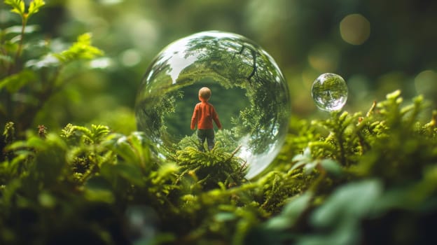 A person standing in a glass ball surrounded by green grass