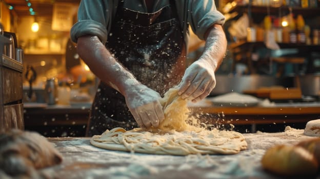 A man making dough in a commercial kitchen with flour and water