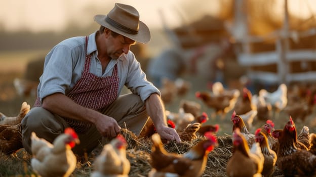 A man in hat and apron feeding chickens on the ground