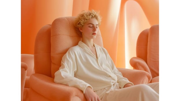A woman in white sleeping on a chair with orange and pink colors