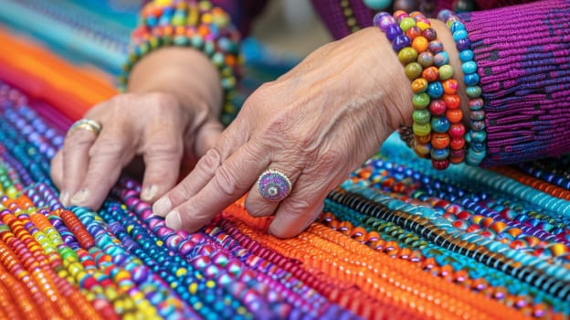 A woman is working on a colorful woven piece of cloth