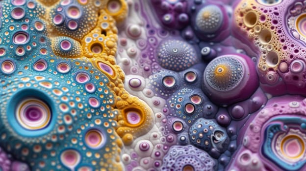 A close up of a colorful pattern made from bubbles and dots