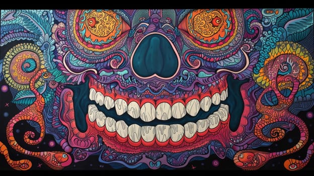 A colorful painting of a skull with many different colors