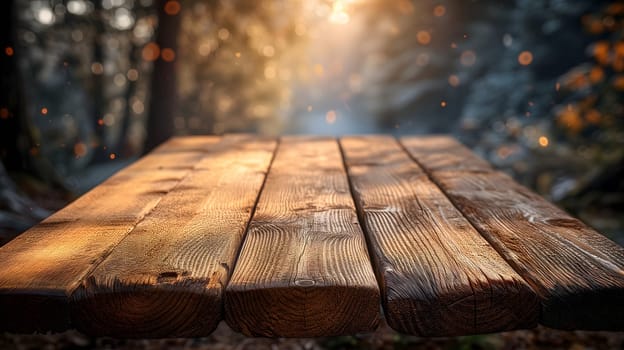 Empty wooden table for rustic background, vintage American style, montage-friendly, retro vibes, creative space, no text. Neural network generated image. Not based on any actual scene or pattern.