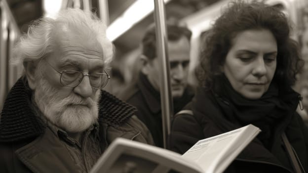 A man and woman reading a book on the subway