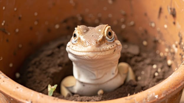 A lizard is sitting in a dirt filled pot with its head sticking out
