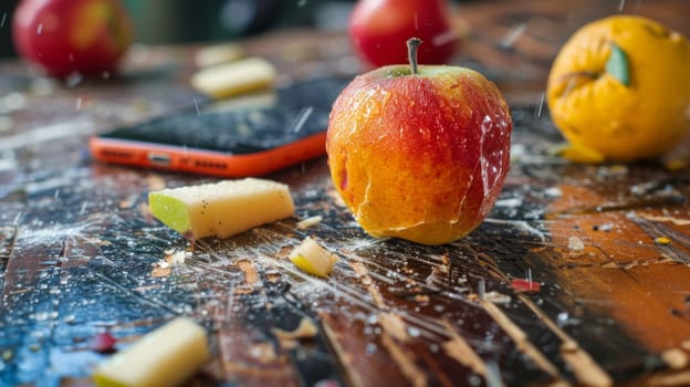 A close up of an apple that has been smashed on a table