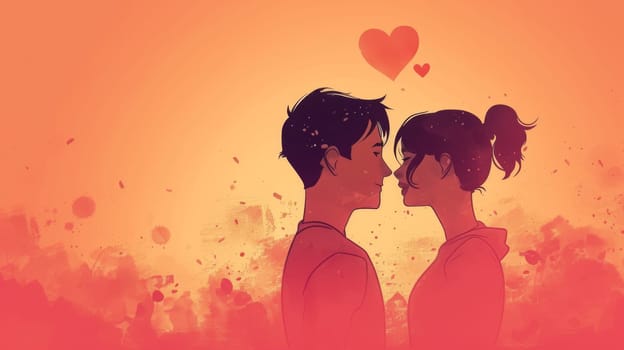 A couple kissing in front of a red background with hearts