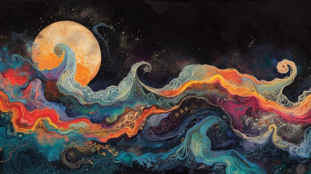 A painting of a colorful abstract design with the moon in it