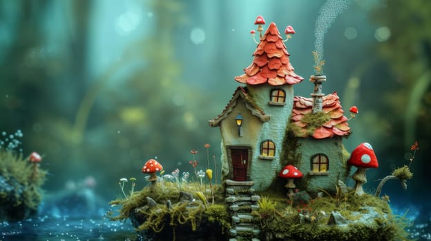 A miniature house with mushrooms growing out of it on a small island