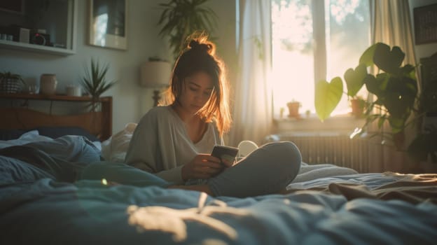 A woman sitting on a bed using her cell phone