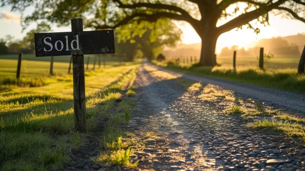 A sold sign on a dirt road next to grass and trees