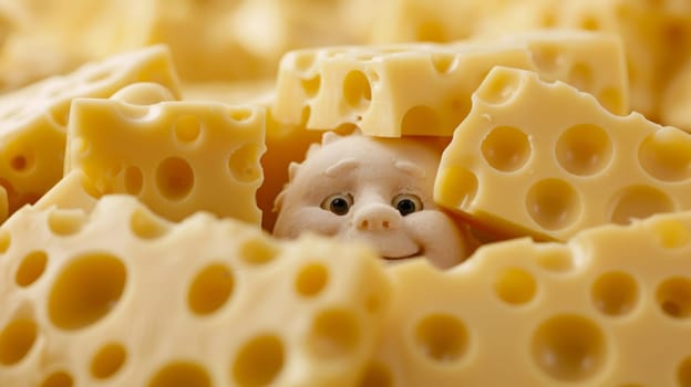 A small face is hidden in a pile of cheese