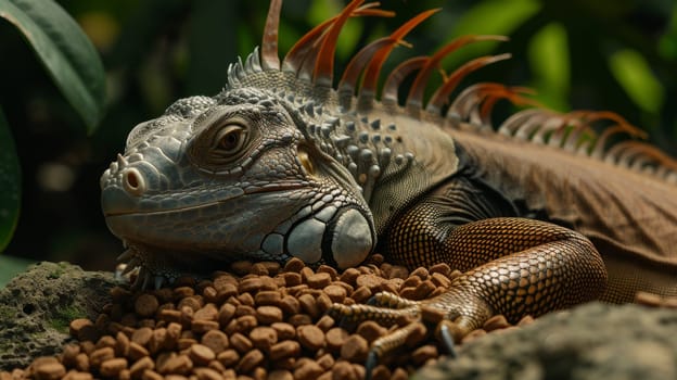 An iguana laying on top of a pile of food