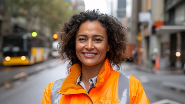 A woman in an orange jacket smiling on a city street