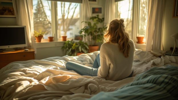 A woman sitting on a bed in front of the window