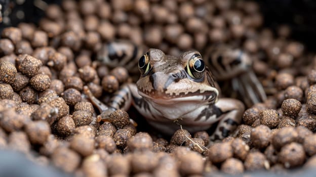 A frog sitting in a bowl of balls with its eyes open