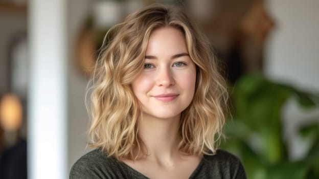 A woman with a blonde hair cut smiling at the camera