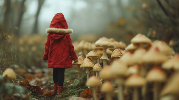 A young girl in red coat standing among a group of mushrooms