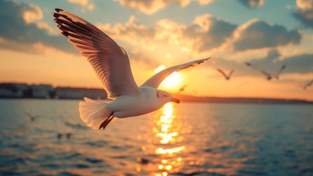 A bird flying over the water at sunset with a beautiful sky