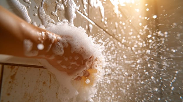 A person's hand washing themselves in a shower with soap