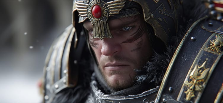 A close up of a man in armor with red eyes