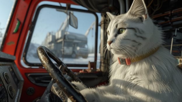 A white cat sitting in the driver's seat of a truck