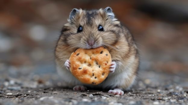 A hamster eating a cookie on the ground