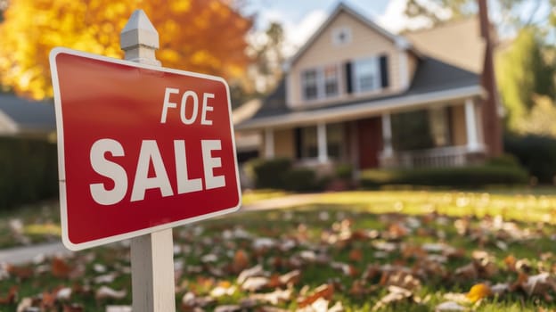 A red for sale sign in front of a house with leaves