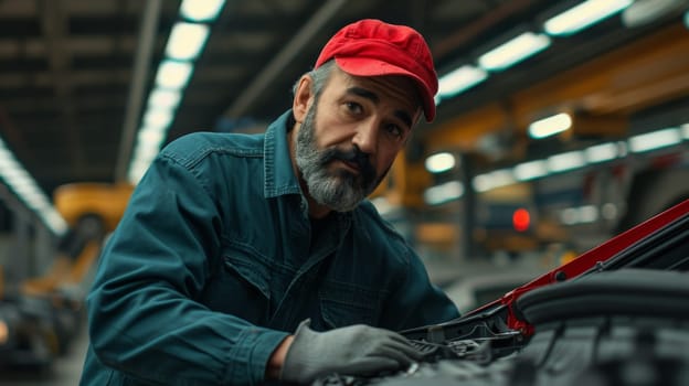 A man in a red hat working on the engine of an automobile