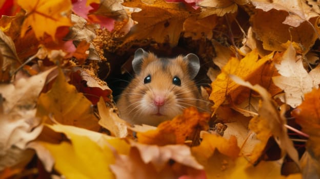 A hamster peeking out from a pile of leaves in the fall