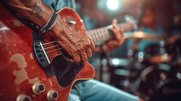 A close up of a person playing an electric guitar in front of other people