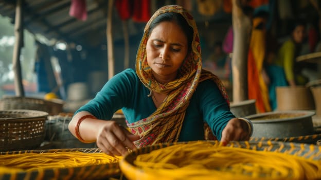 A woman in a blue shirt working on baskets of yarn