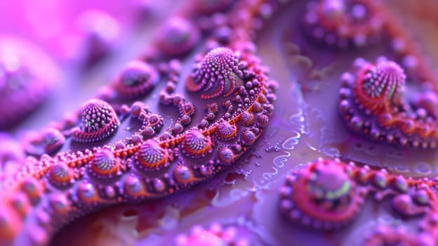 A close up of a purple and pink coral with lots of little dots