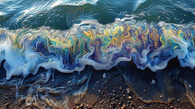 A close up of a wave crashing into the shore with colorful foam