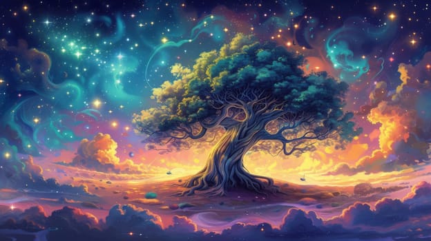 A painting of a tree in the middle of an ocean with stars