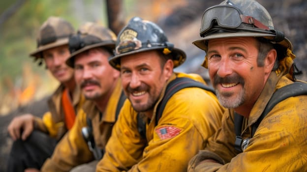 A group of a bunch of men in fire gear sitting down