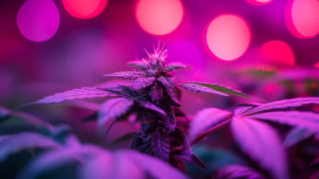 A close up of a marijuana plant with pink lights in the background