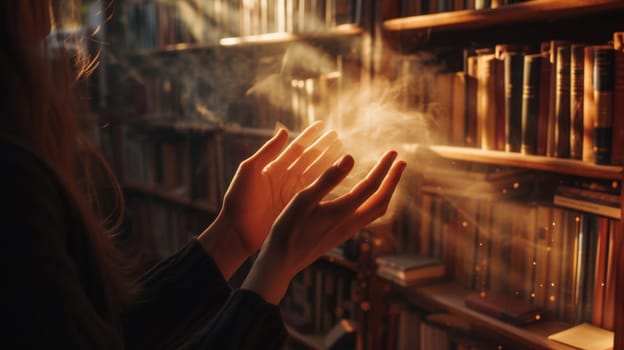 A person is holding hands in front of a book shelf