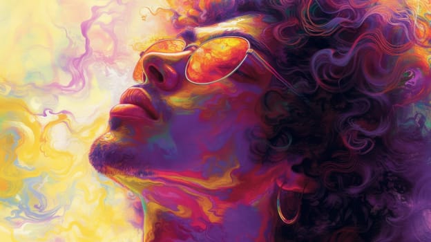 A man with curly hair and glasses looking up at the sky