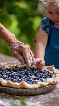 A person is touching a blueberry pie with their hands