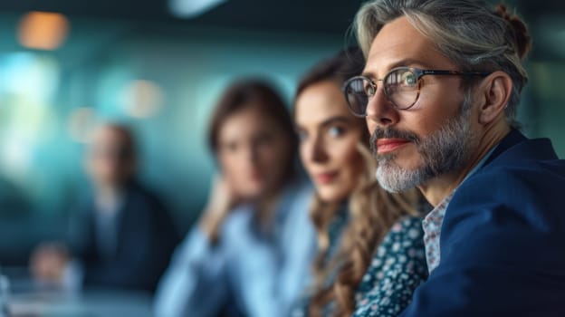 A group of people sitting in a row with one man looking away