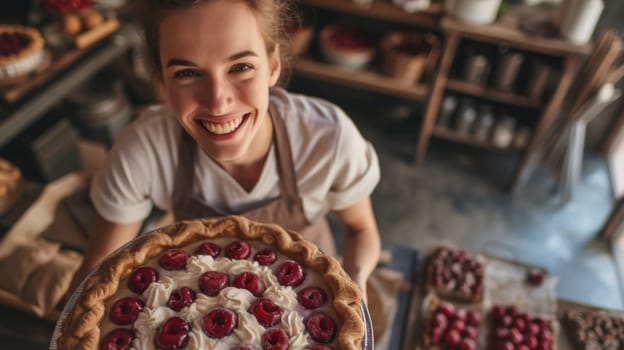 A woman holding a pie with whipped cream and cherries