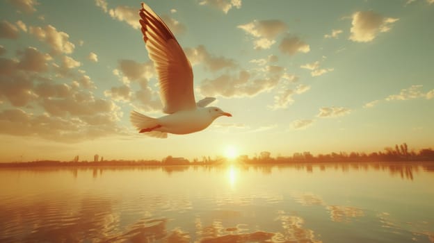 A bird flying over a body of water with the sun setting