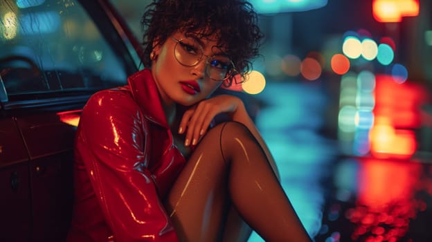 A woman in red leather jacket sitting on the hood of a car